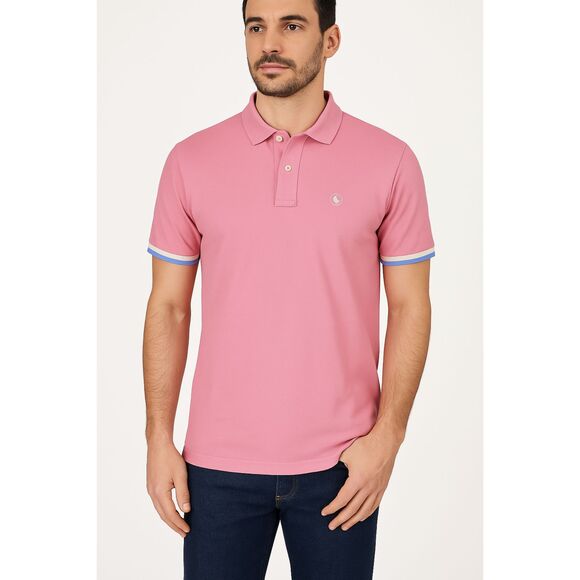 El Ganso Men’s Polo Shirt Pink Blue Trim 100% Cotton Size L Made in Portugal - Picture 1 of 8
